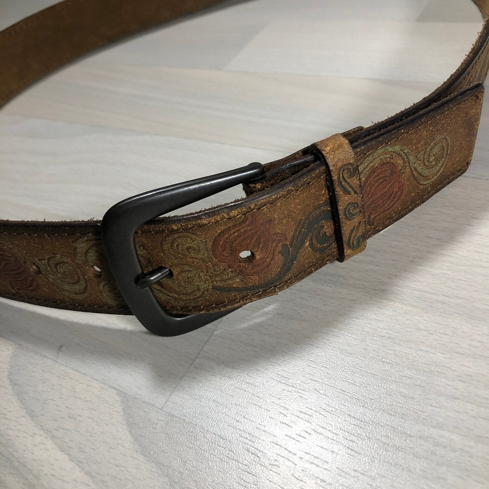 Beautifully Printed Brown Leather Belt - L